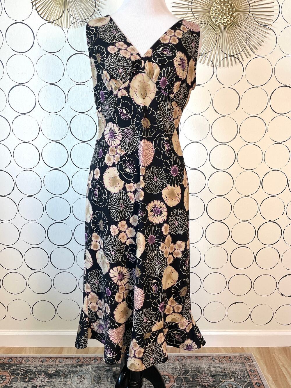 BCBG Maxazria Y2K Babydoll Dress M Whimsygoth Fairy Grunge Floral Black Purple